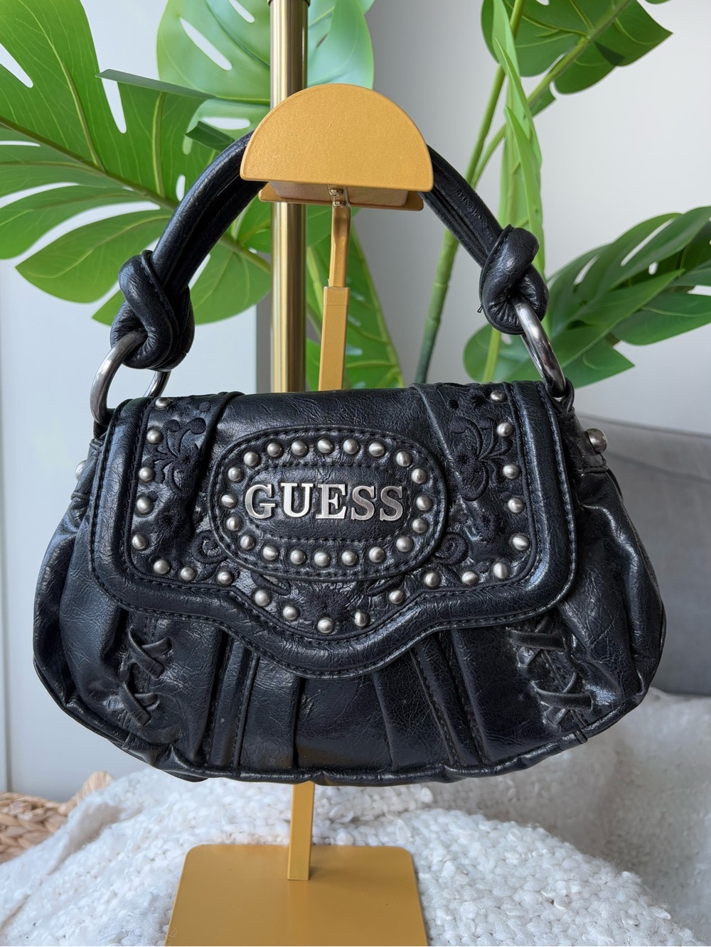 Vintage Y2K GUESS Black Studded Western Embroidered Flap Boho Shoulder Bag Purse